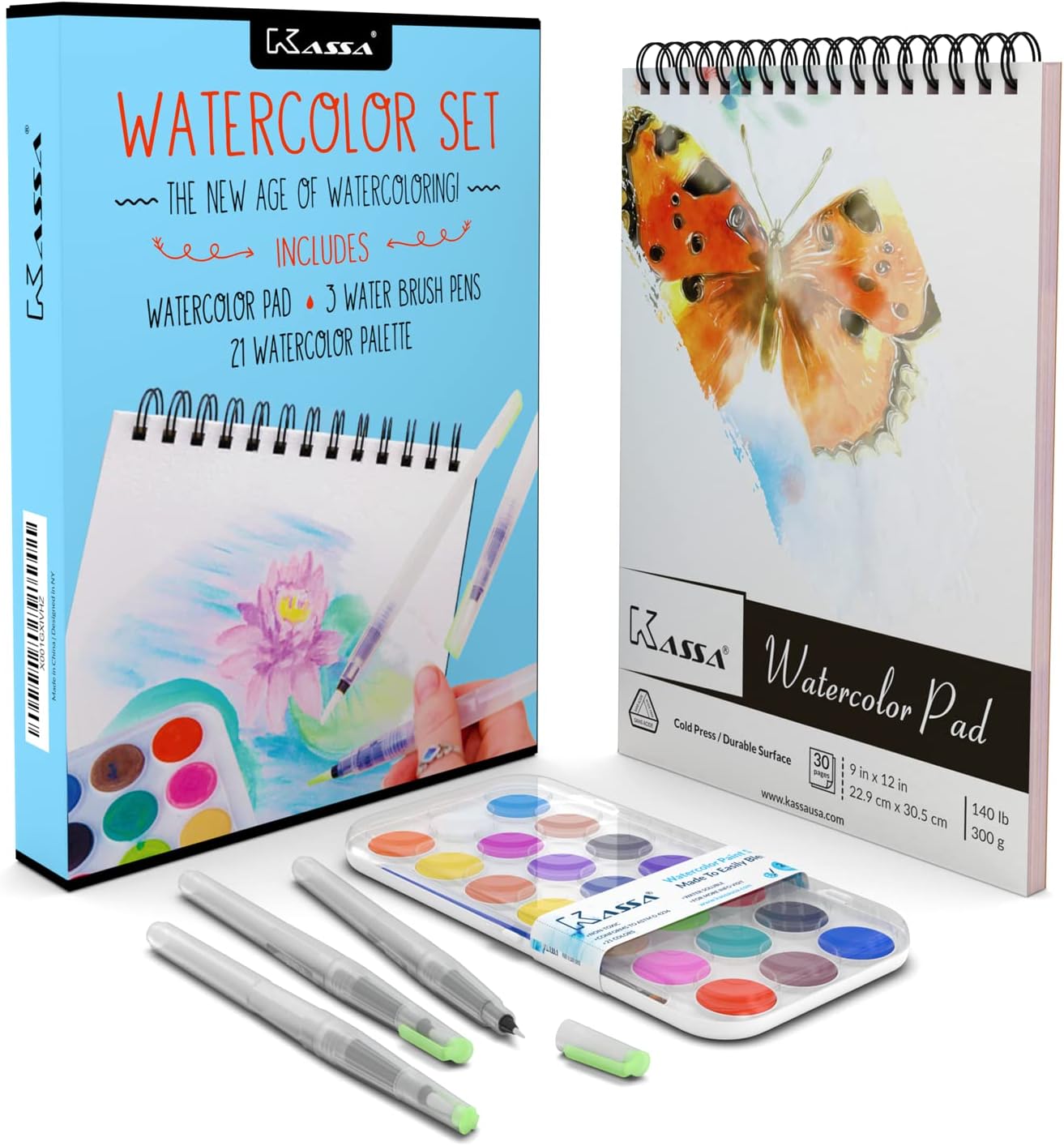 Kassa Watercolour Set, Includes Water Brush Pens 3 Assorted Sizes, Painting Pad